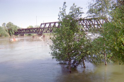Bridge over the flooded American River in Sacramento.