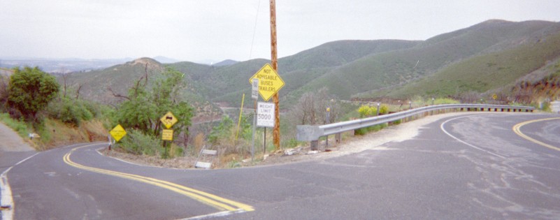 Top of Old Priest Grade at Hwy 120 junction.
Sign says 'Not Advisable Buses Trailers'.