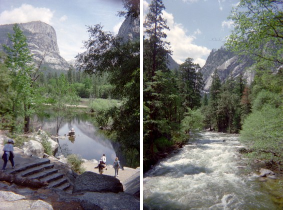 Left: People next to pool with cliffs in background.
Right: Rushing stream with trees and cliffs in background
