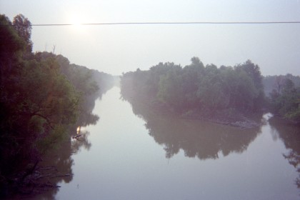 Misty water with trees on both sides