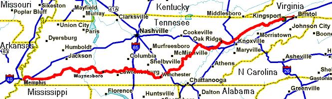 Map of Tenessee segment of tour