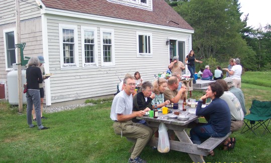 Backyard with picnic table and picnicers
