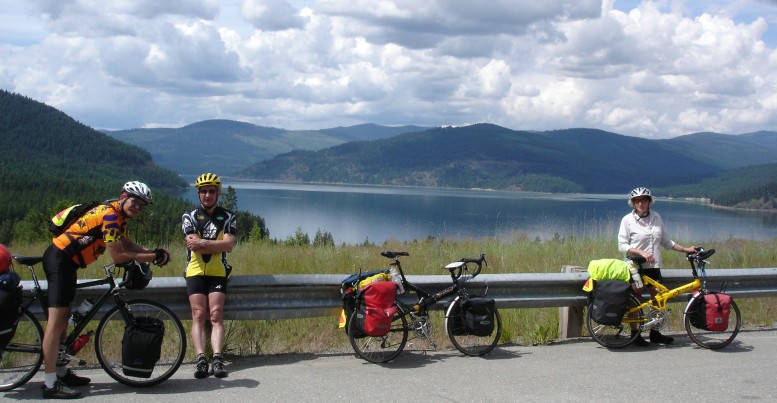 RonE, Geoff, and Carol with lake in background