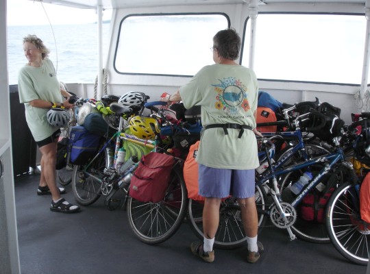 Carol and Jean with bikes on the ferry