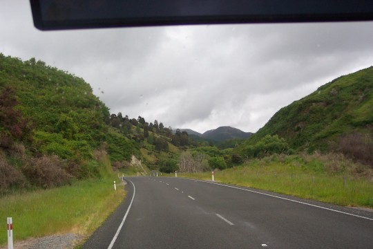 View out the bus windshield