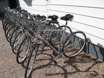 Line of same-model cross bikes lined up next to a wall