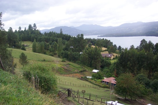 Overlooking farms with lake in background