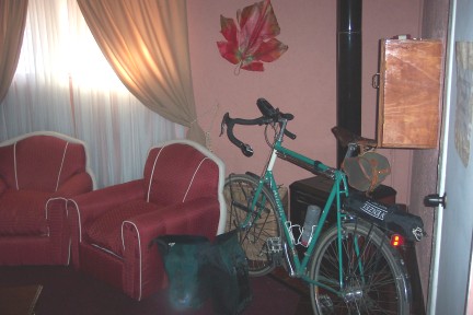 Motel room interior done in shades of red