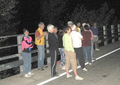 A group of people on a bridge looking up into space