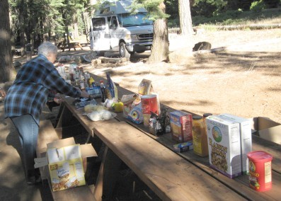 The left-over groceries set in a line on the tables
