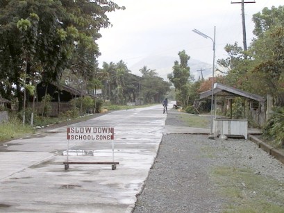 Sign in middle of traffic lane, 'SLOW DOWN SCHOOL ZONE'