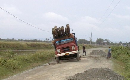 Logging truck stuck in the mud at the edge of a dirt road