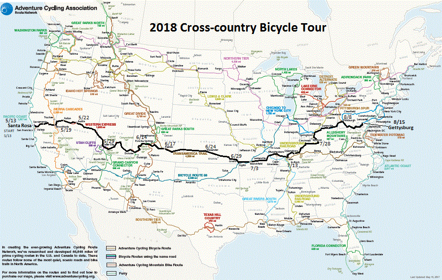 Map of 2018 Cross-Country Bicycle Tour